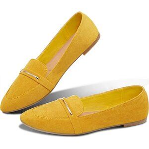 Obtaom Women's Mustard Faux Leather Pointed Toe Slip On Loafer Ballet Flat